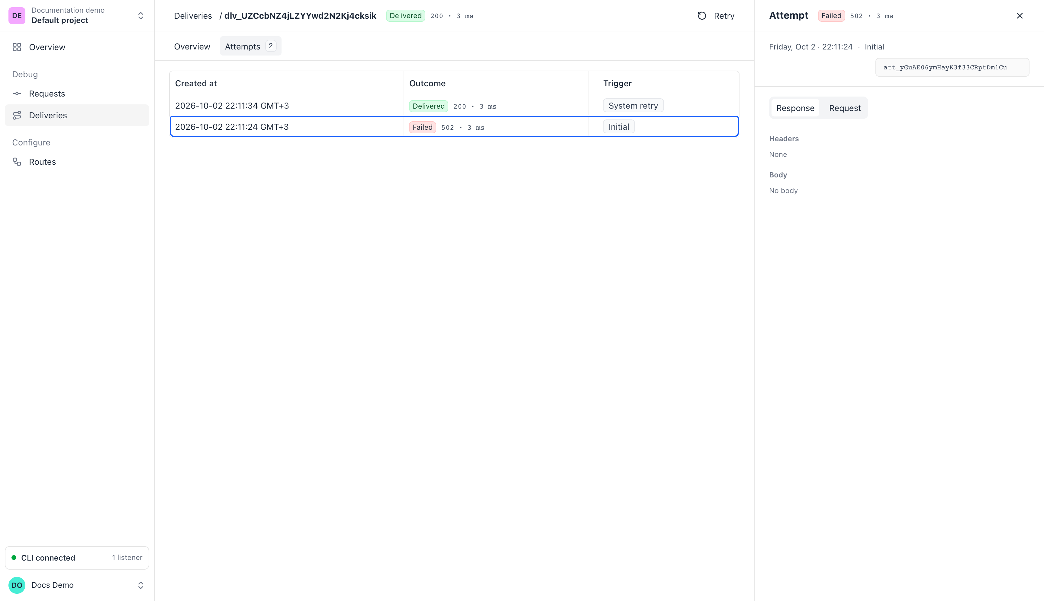 Two attempts on one delivery: Initial Failed with 502, then System retry Delivered with 200. The Initial attempt is selected and has no headers or body.