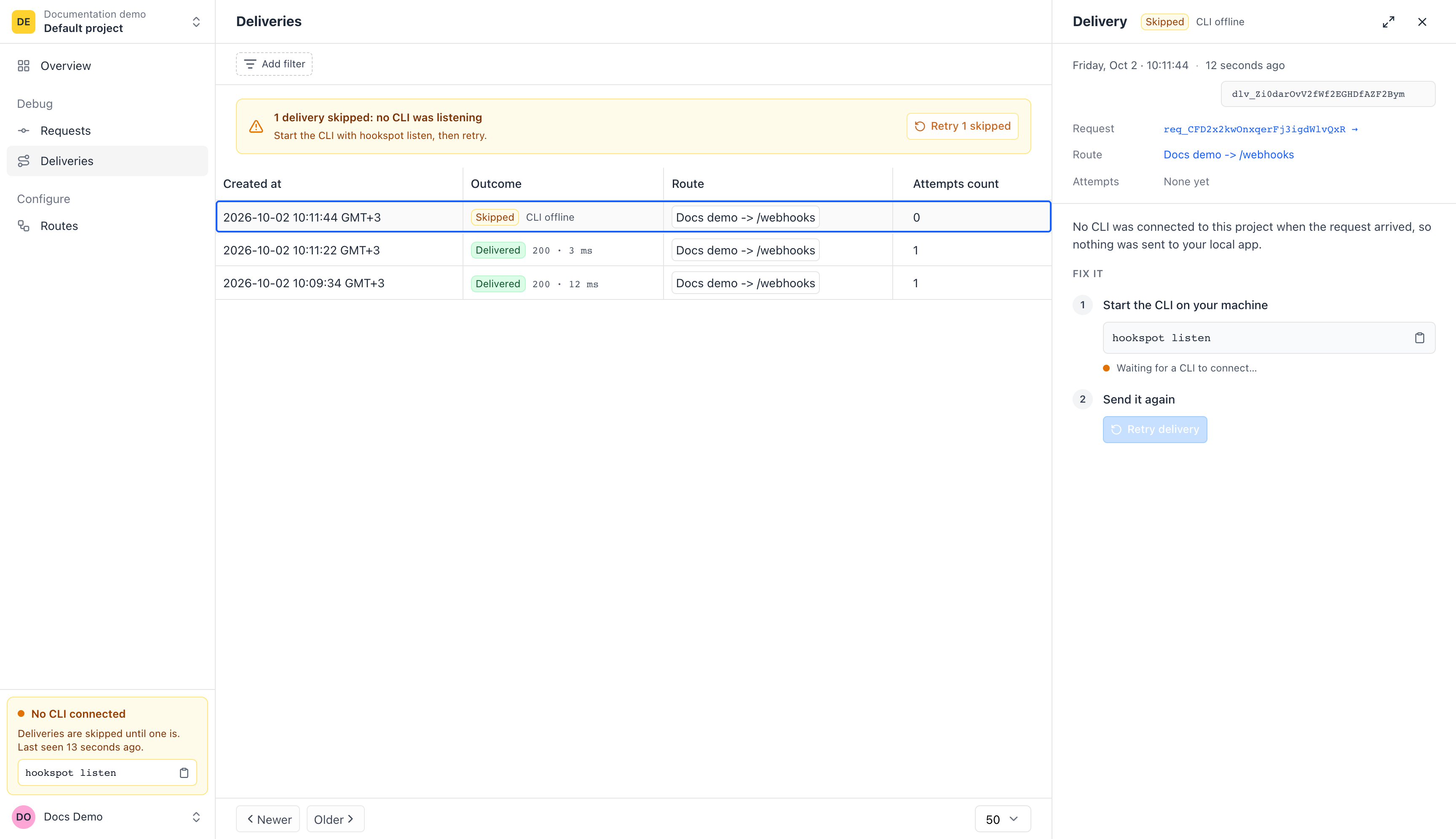 Skipped CLI offline delivery selected in the delivery list, with zero attempts, the skipped banner and the Fix it panel.