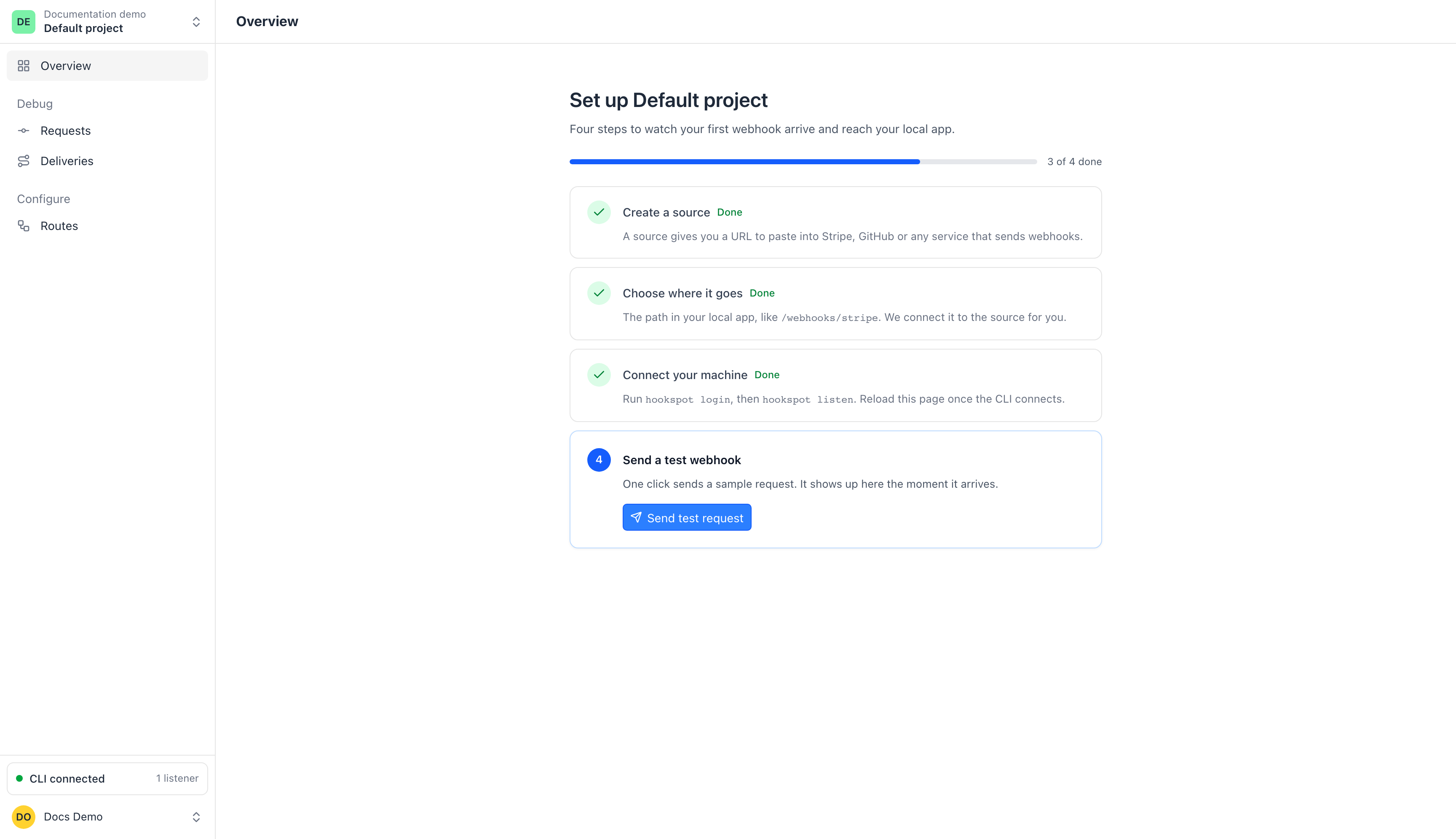 Overview with three setup steps done and a Send test request button under Send a test webhook.